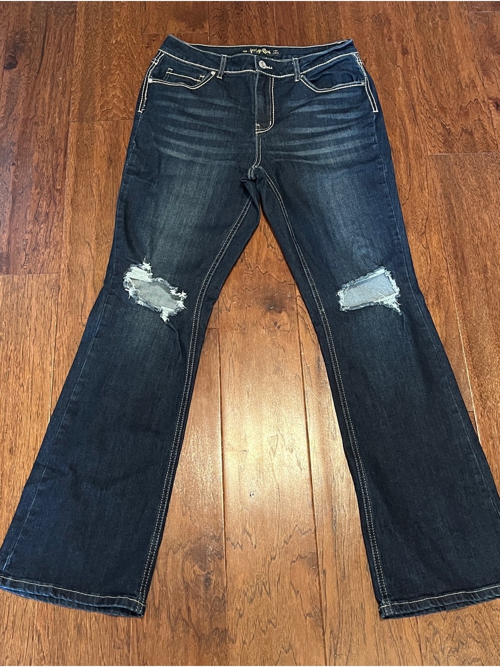 Indigo Rein Dark Wash Distressed Flare Jeans Size 13